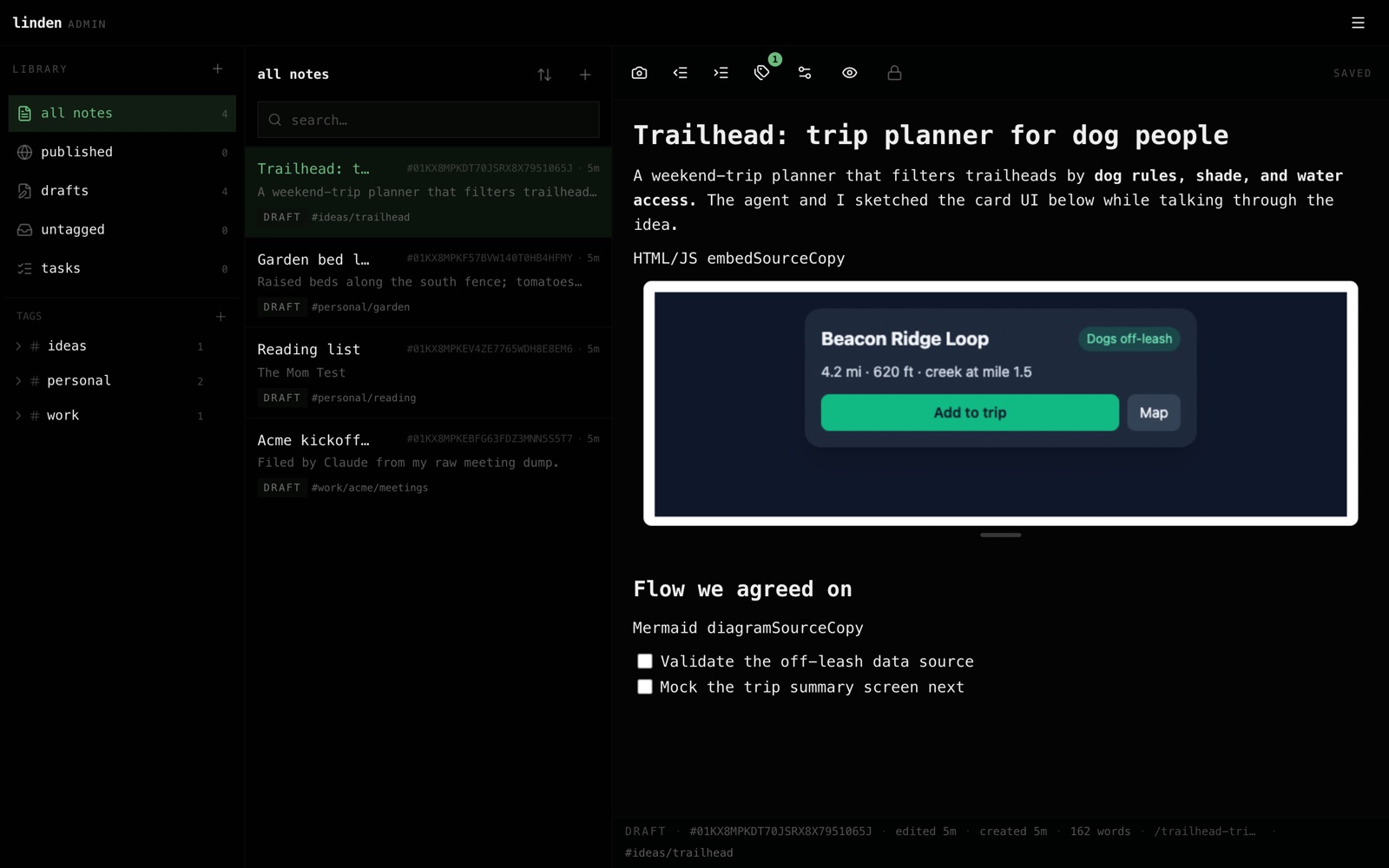 A note about a trip-planner idea with a live, clickable Tailwind card mockup rendering inside the editor